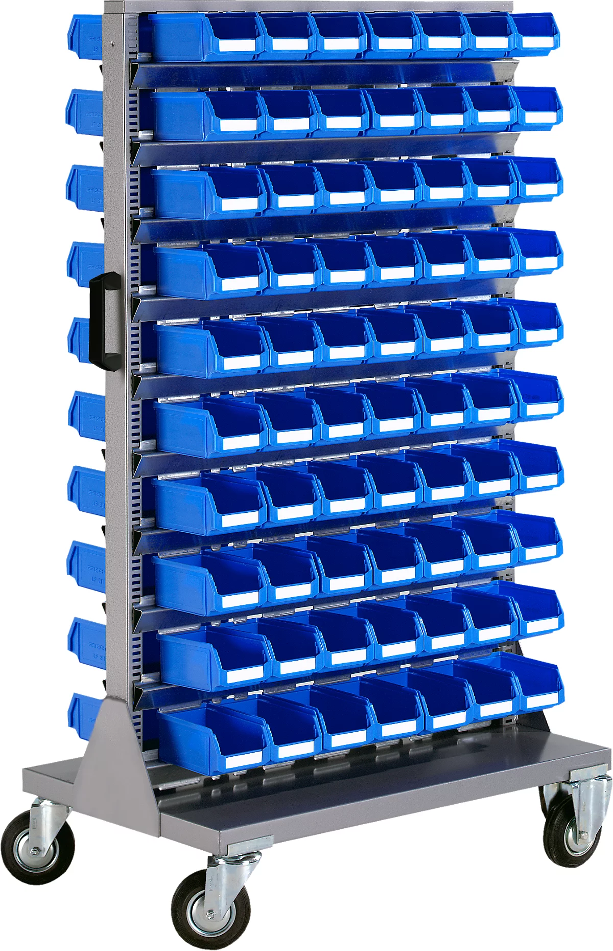 Almacén móvil de piezas pequeñas, apilable por 2 lados, incl. 140 cajones azules de frente abierto LF 211, ancho 825 x fondo 550 x alto 1450 mm, acero, gris