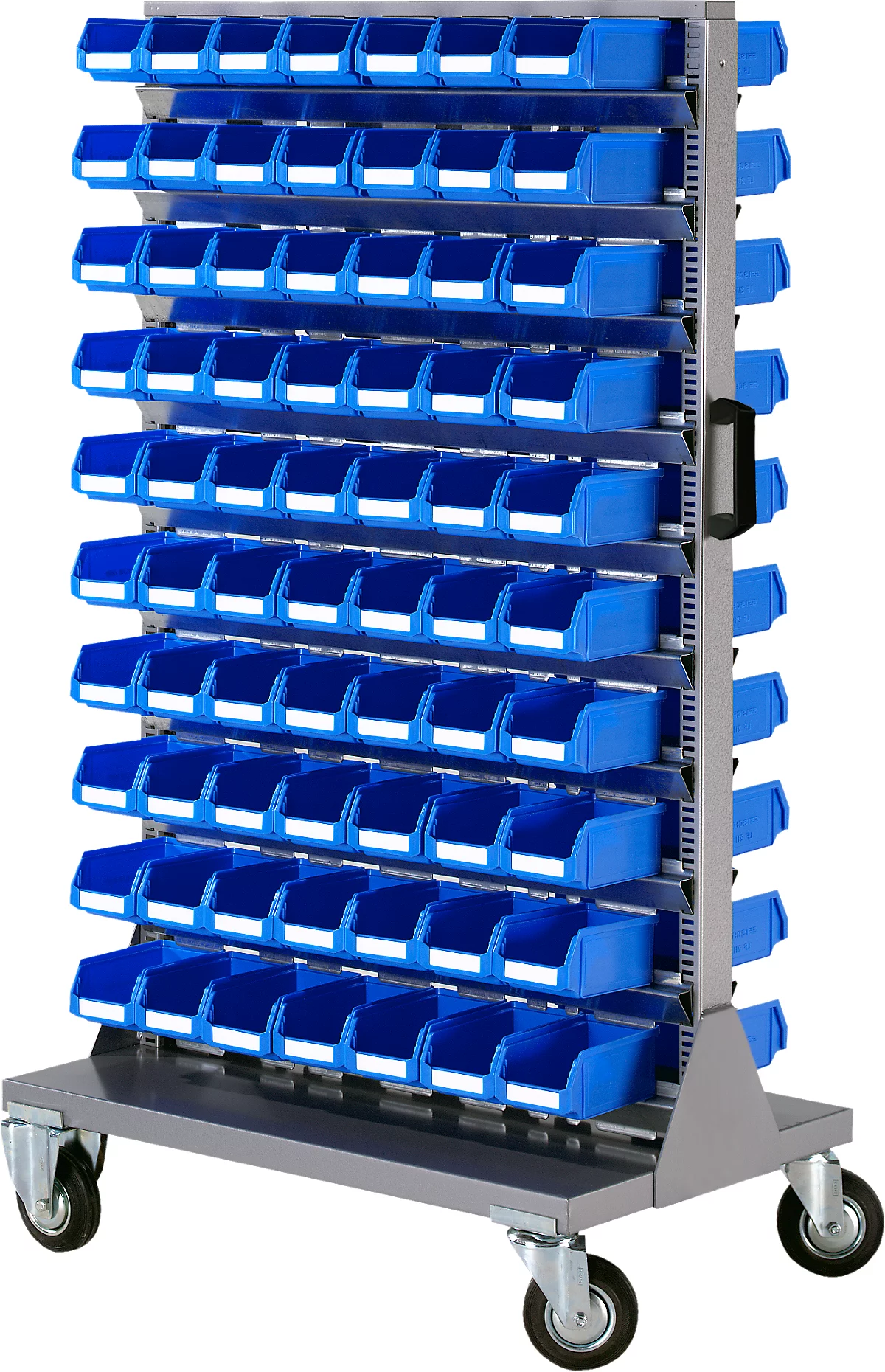 Almacén móvil de piezas pequeñas, apilable por 2 lados, incl. 140 cajones azules de frente abierto LF 211, ancho 825 x fondo 550 x alto 1450 mm, acero, gris