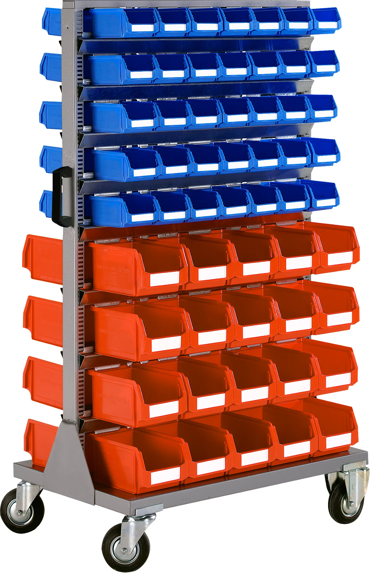 Almacén móvil para piezas pequeñas Schäfer Shop Select, cargable por 2 lados, incl. 40 cajones abiertos LF 221 y 70 cajones abiertos LF 211, ancho 825 x fondo 550 x alto 1450 mm, acero, gris