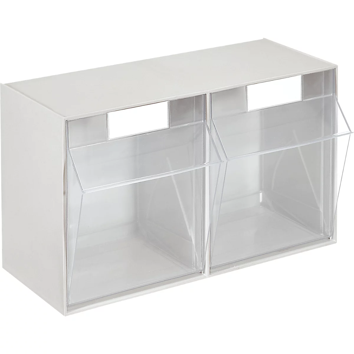 Caja de almacenamiento blanca con dos compartimentos. Los frentes son transparentes. Los compartimentos están ligeramente abiertos.