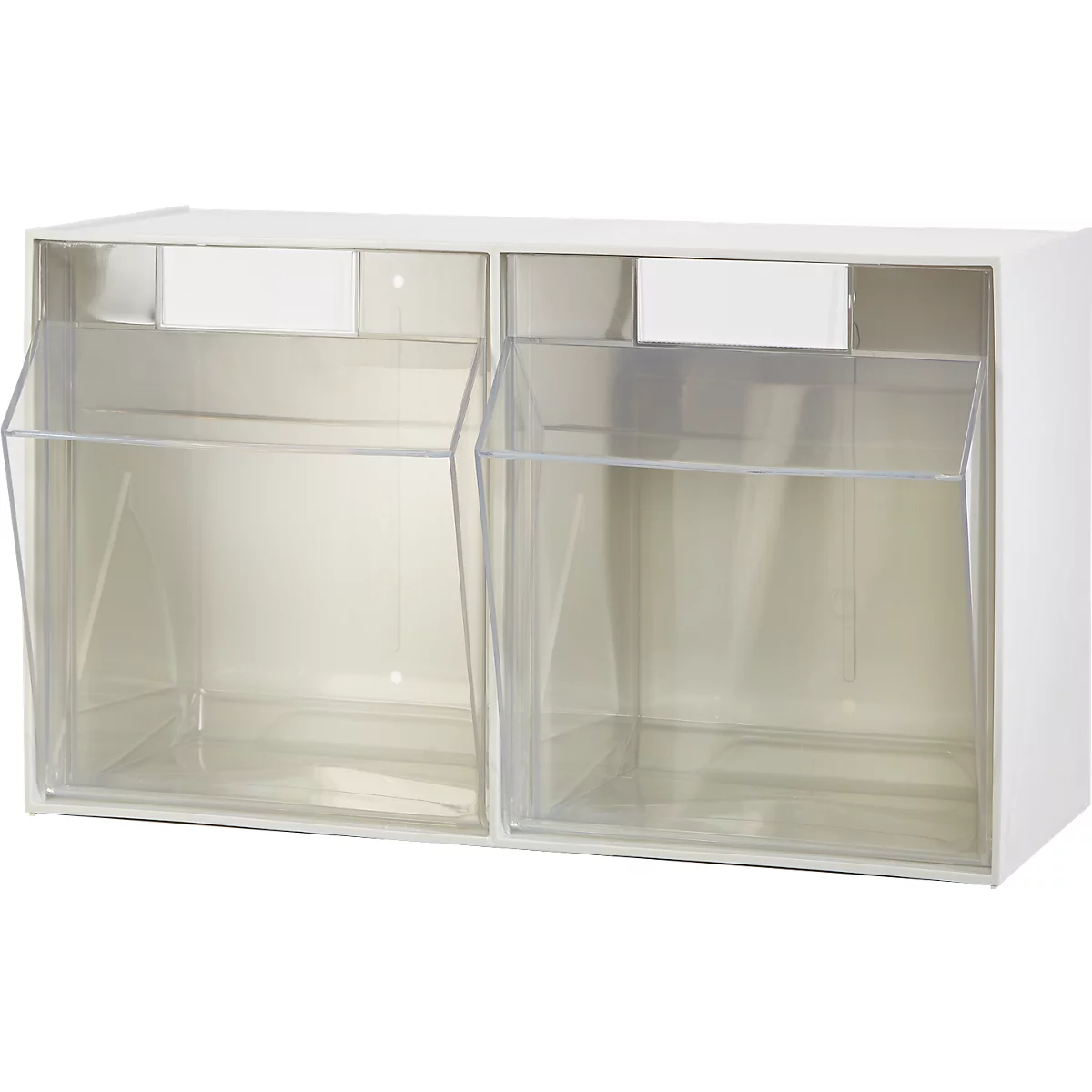 Estante de almacenamiento blanco con dos compartimentos, cada uno con un cajón transparente.