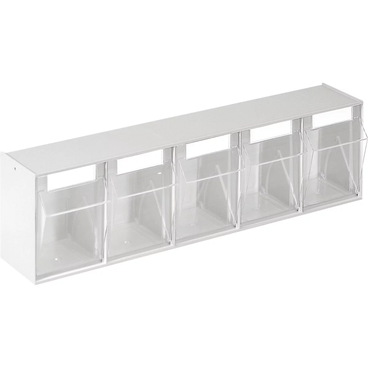 Estante blanco con cinco compartimentos transparentes. Los compartimentos son rectangulares y están divididos por puntales verticales.