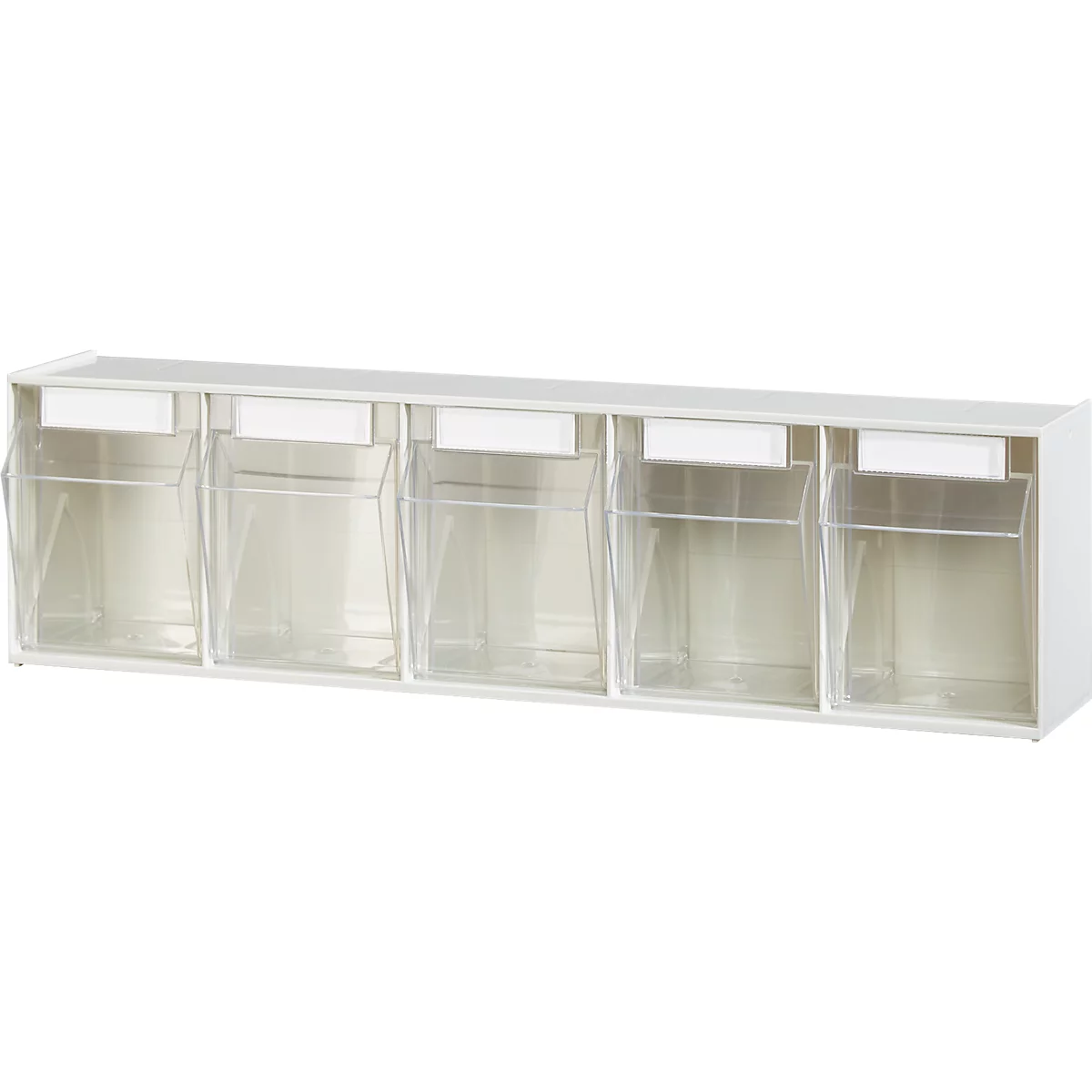 Estante de pared blanco y oblongo con cinco cajones transparentes. Cada cajón tiene un área de etiquetado blanca.