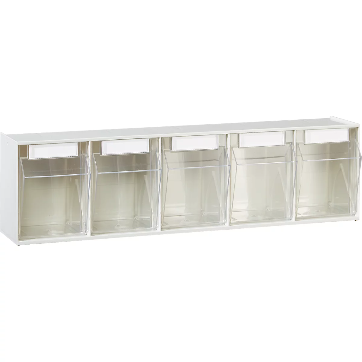 Estantería blanca con cinco contenedores transparentes. Cada compartimento con una etiqueta blanca. Estructura clara, minimalista.
