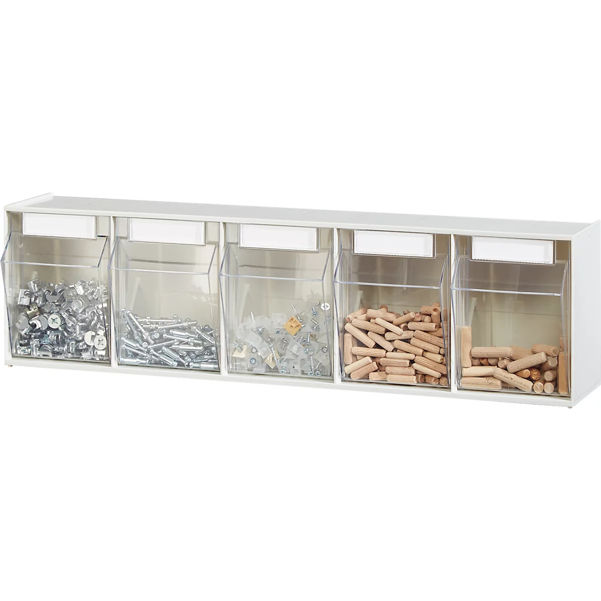 Estante de pared blanco con cinco cajones transparentes llenos de tornillos, tacos, etc.