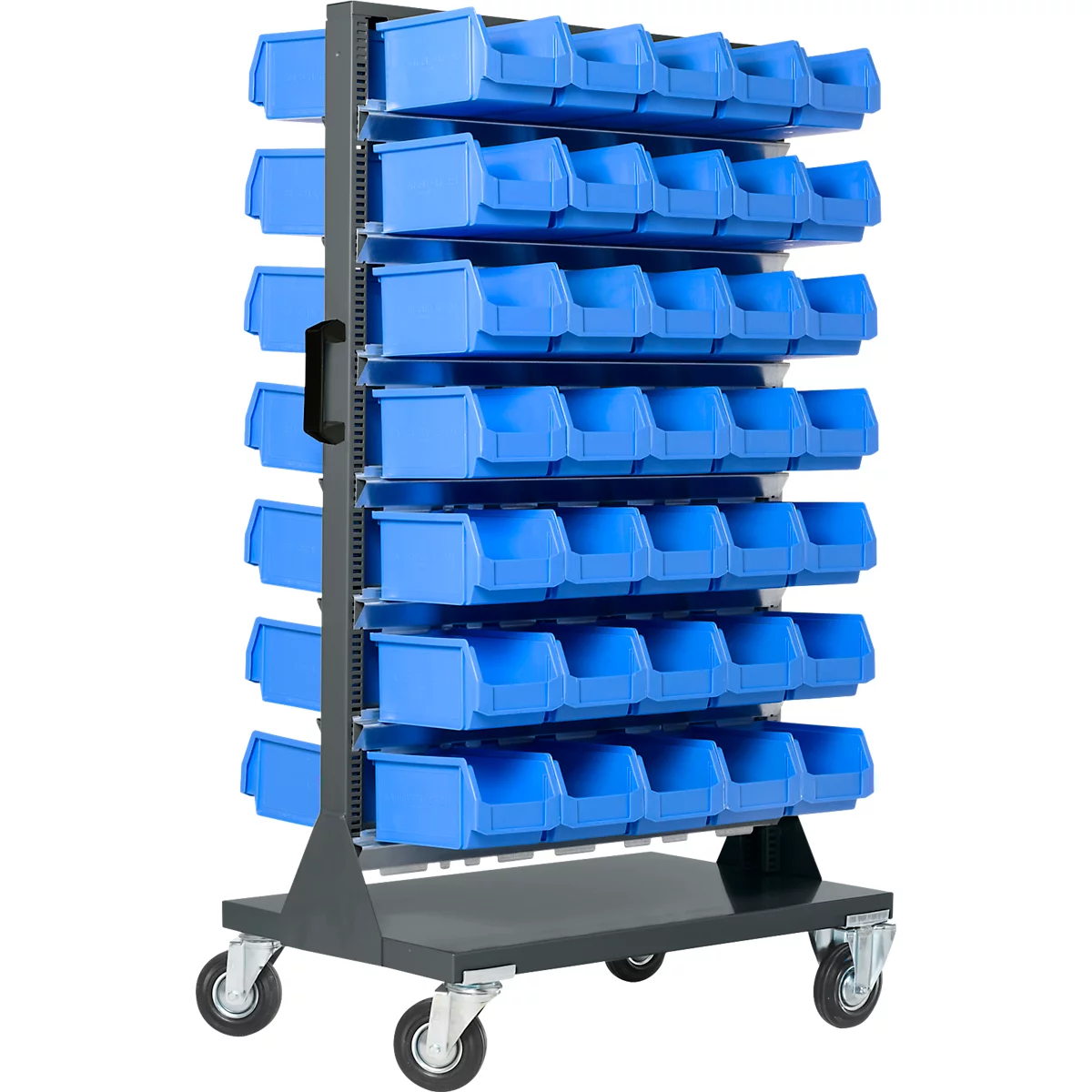 Una estantería móvil de metal para almacenamiento con siete niveles de cajas de plástico azules sobre ruedas.