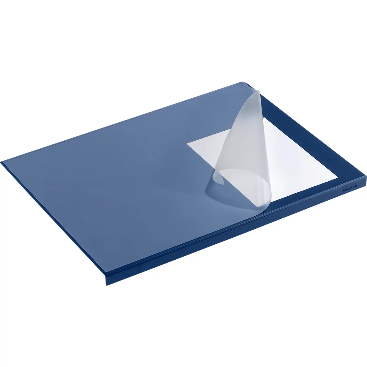Carpeta azul, la lámina transparente superior está doblada hacia arriba.