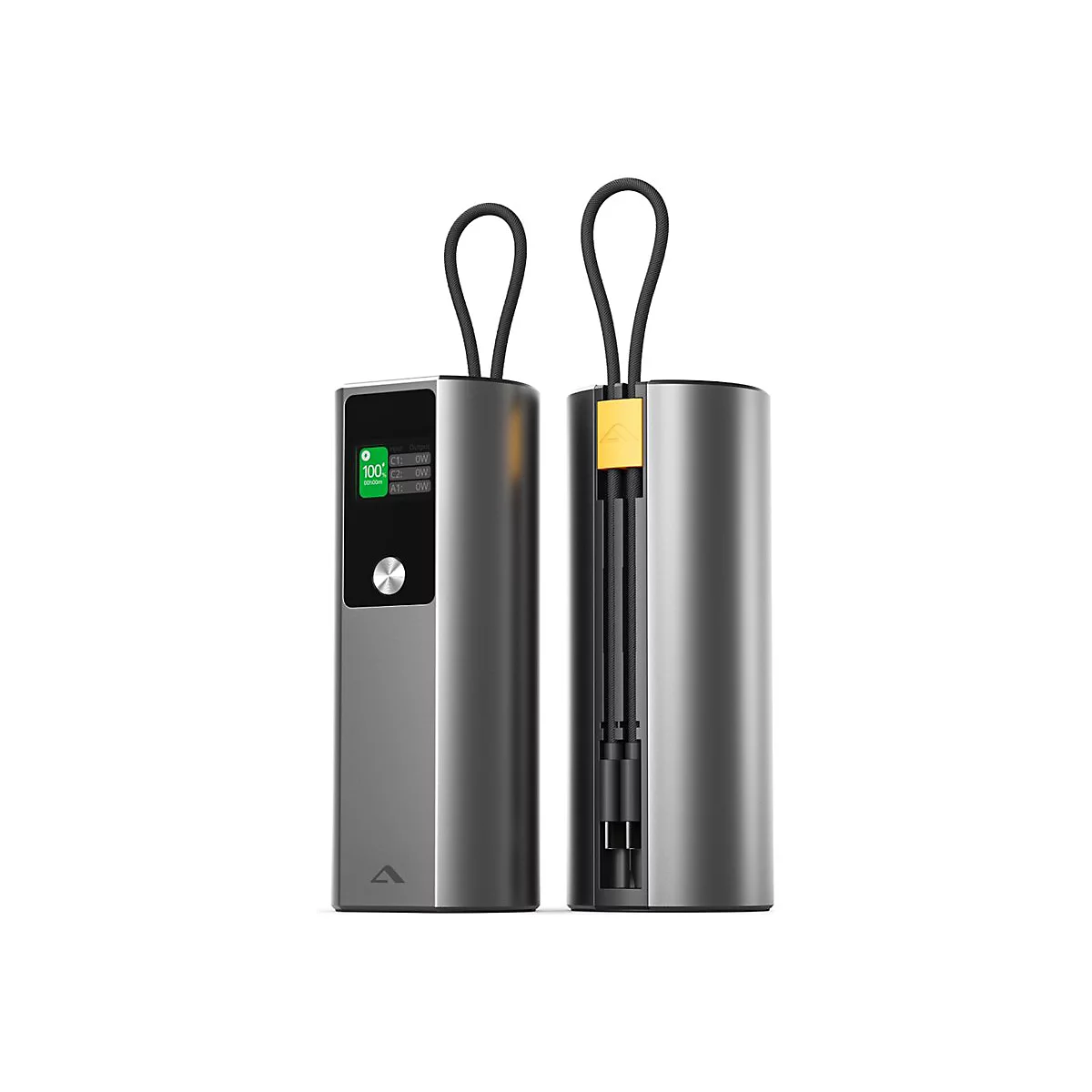Zwei graue Powerbanks mit Display und integriertem Kabel an einer Trageschlaufe vor weißem Hintergrund.