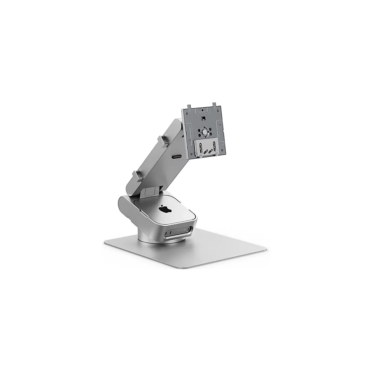 Silberner Monitor-Ständer mit integriertem Apple Mac Mini vor weißem Hintergrund.