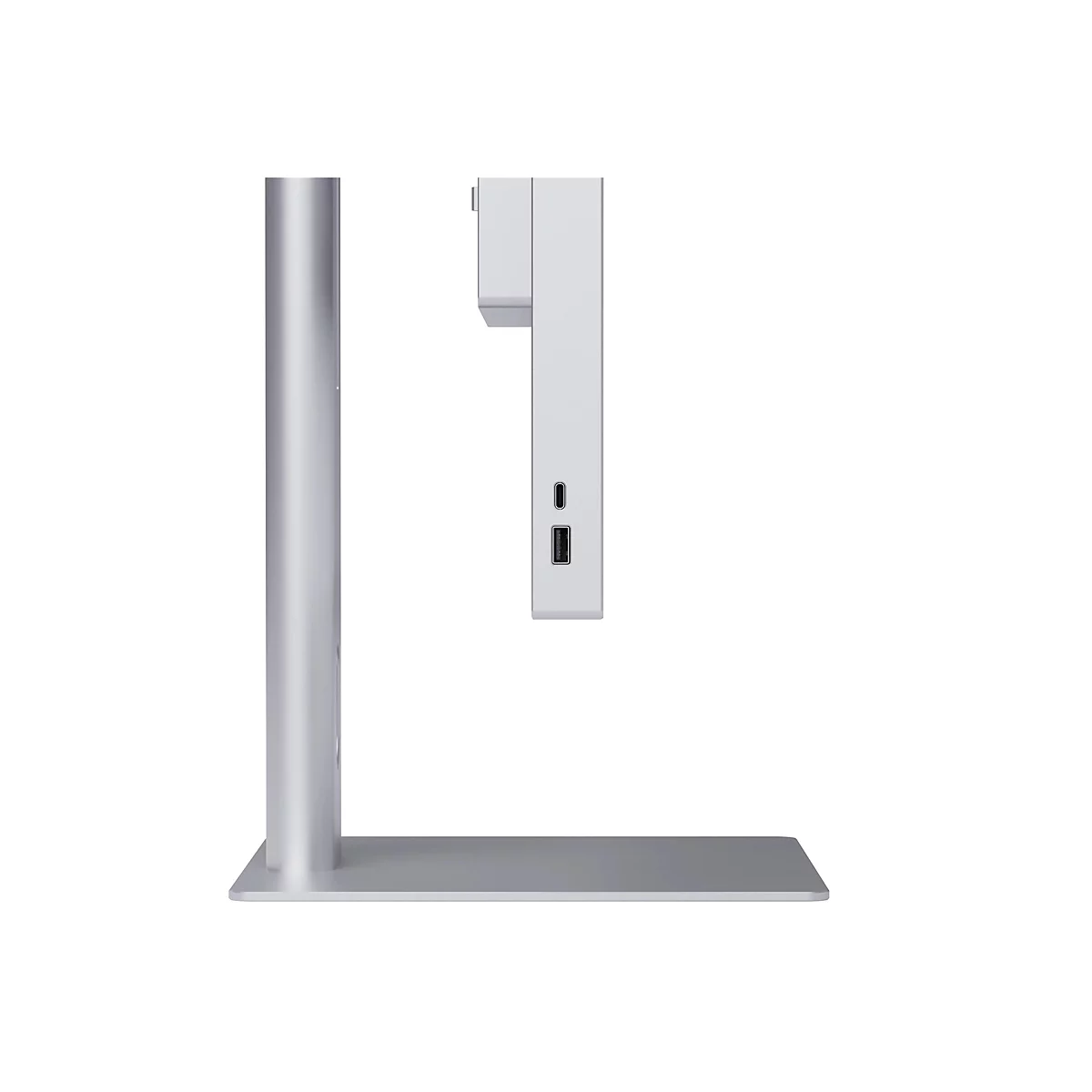 Silberne Dockingstation mit Standfuß, vertikalem Pfosten und schwebendem Modul mit USB-Anschlüssen.