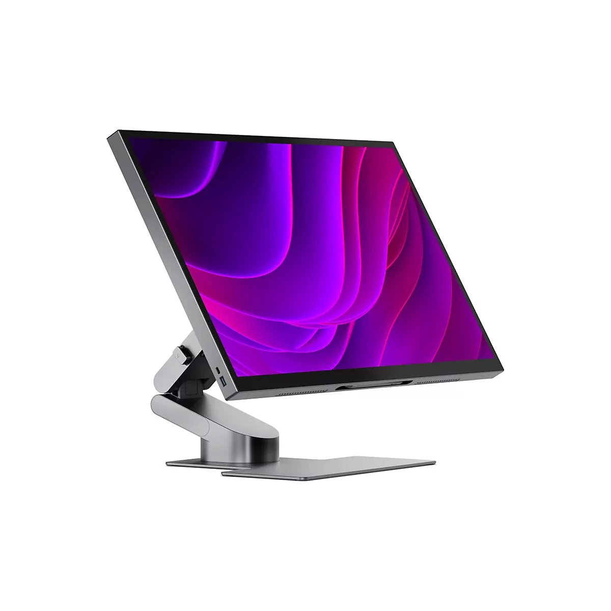 Moderner silberner Monitor mit verstellbarem Standfuß und abstraktem violetten Hintergrund auf dem Display.
