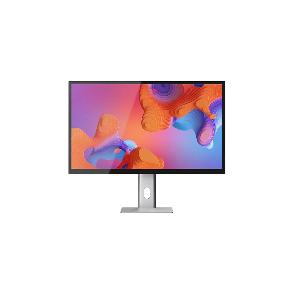 Moderner Computerbildschirm mit schlankem Rahmen auf silbernem Standfuß und buntem, abstraktem Hintergrund.