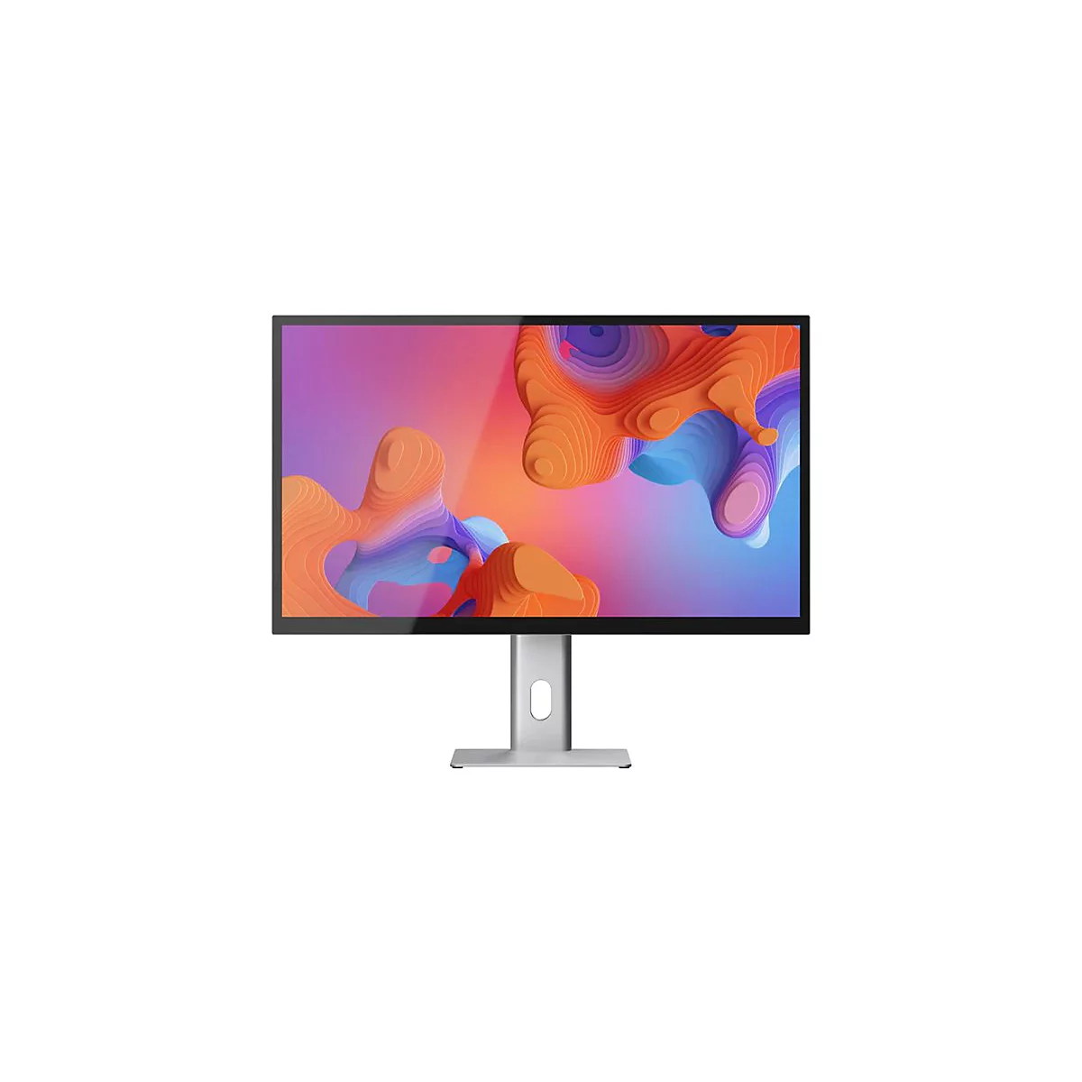Moderner Monitor mit dünnem schwarzen Rahmen und silbernem Standfuß vor weißem Hintergrund.