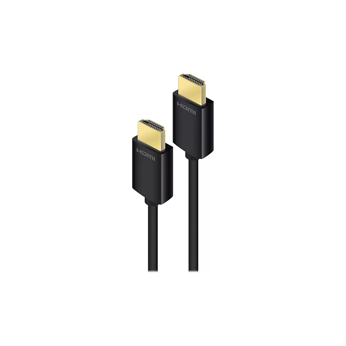 Zwei schwarze HDMI-Kabel mit goldfarbenen Anschlüssen vor weißem Hintergrund.