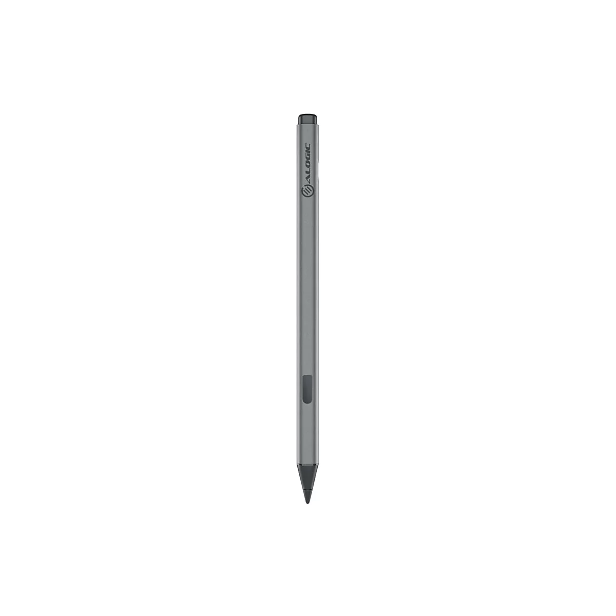 Ein grauer Alogic Eingabestift vor weißem Hintergrund.