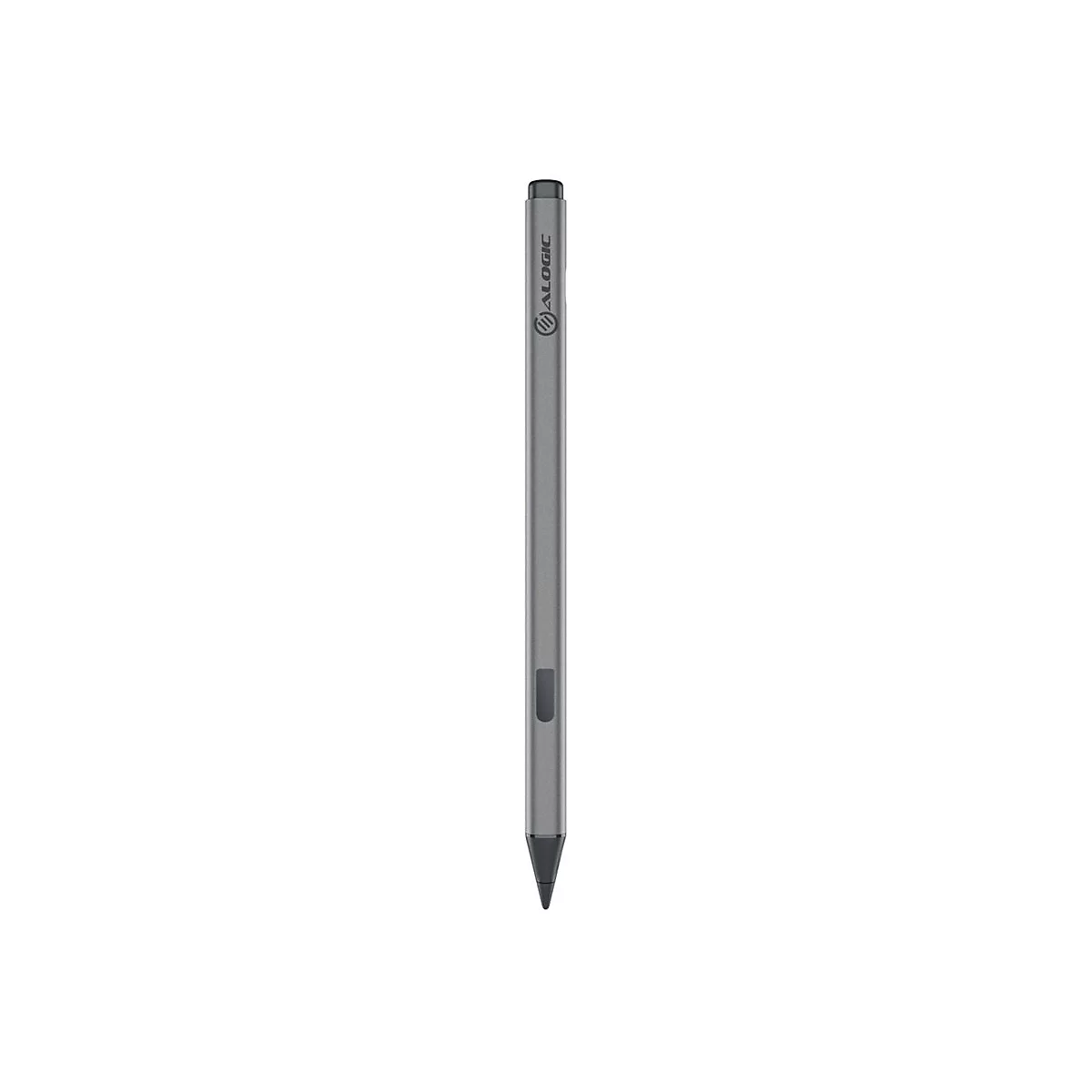 Grauer Eingabestift der Marke Alogic mit schwarzer Spitze und Logo auf weißem Hintergrund.