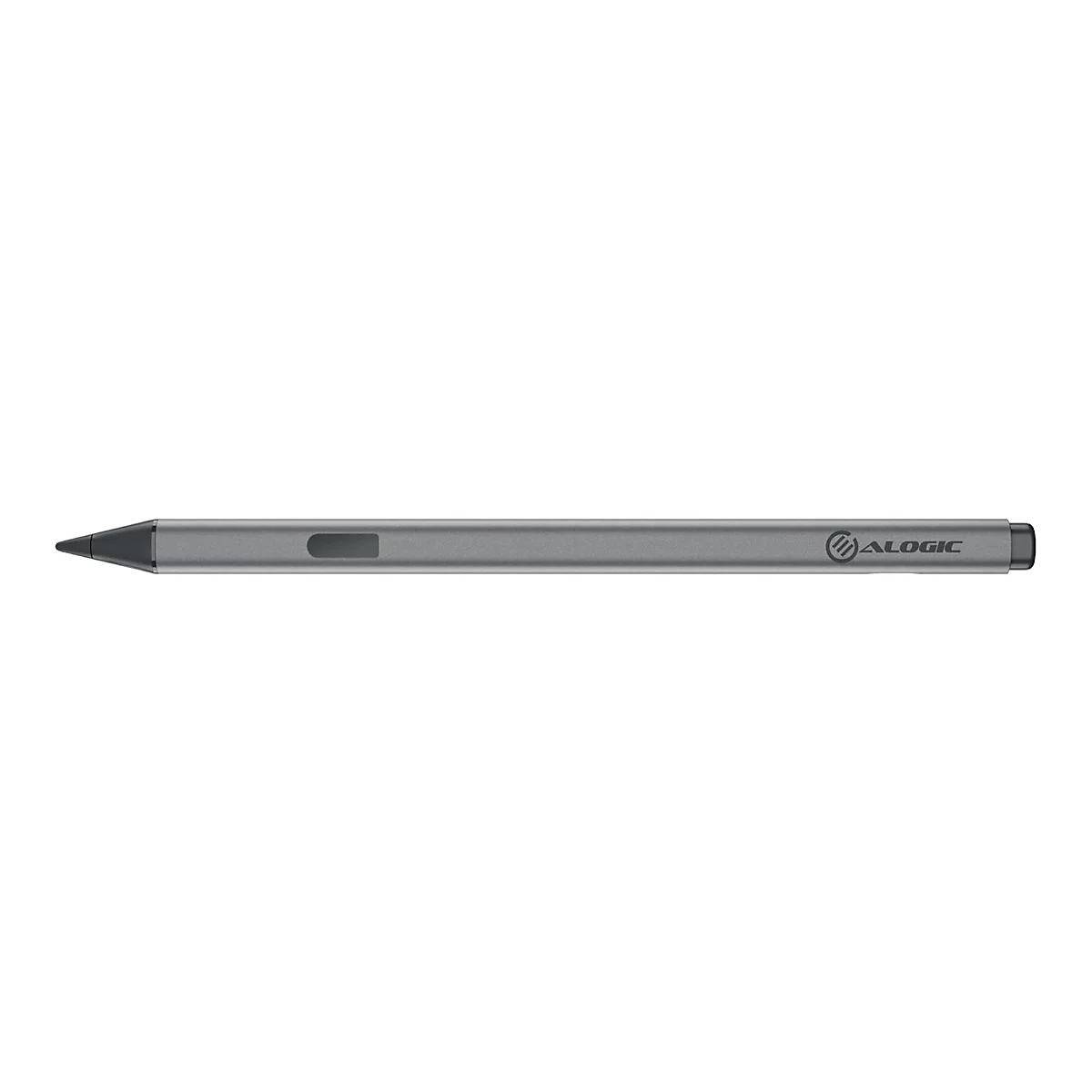 Grauer, schlanker Eingabestift mit ALOGIC-Logo vor weißem Hintergrund.