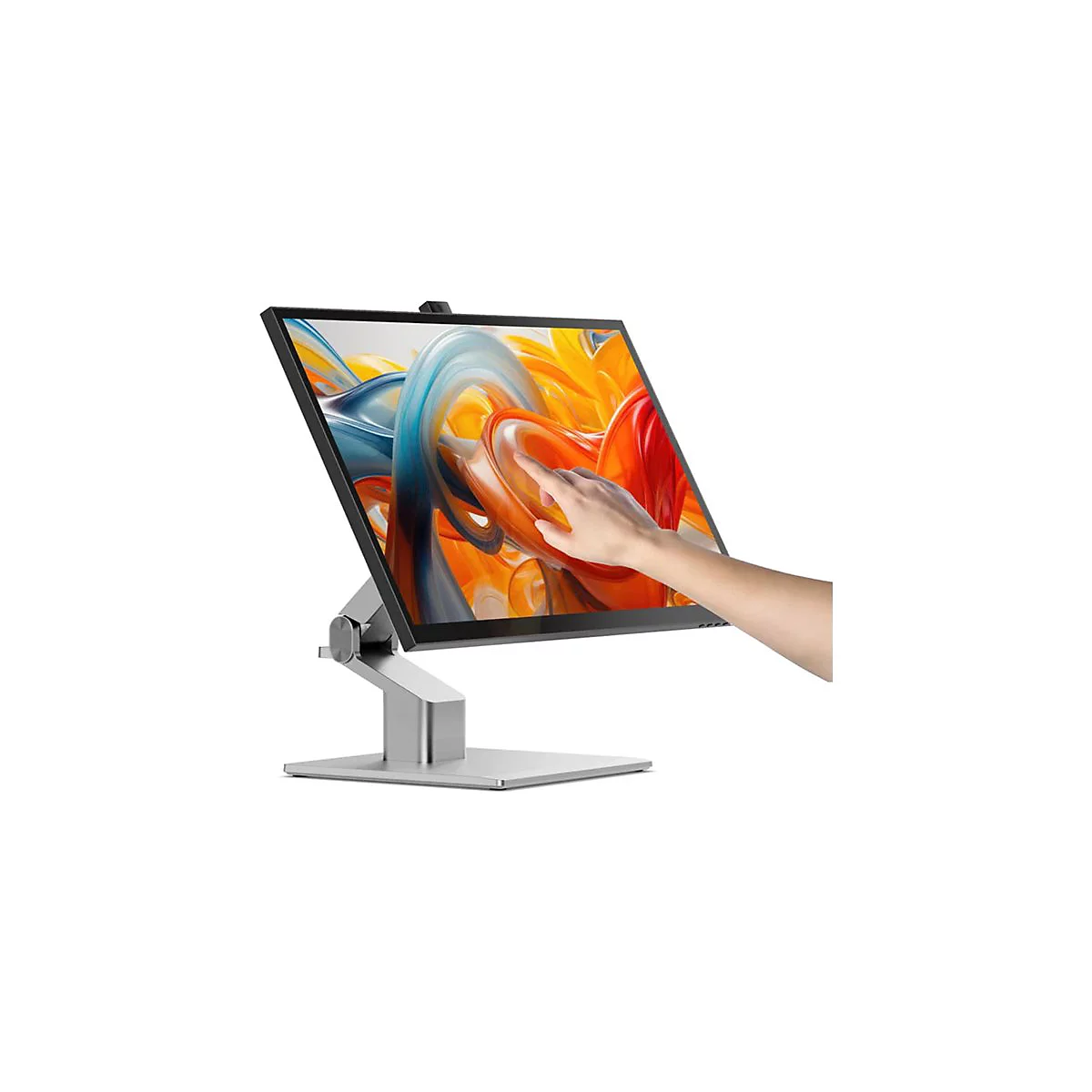 Hand berührt den Touchscreen eines silbernen All-in-One-Computers mit buntem abstrakten Hintergrund.
