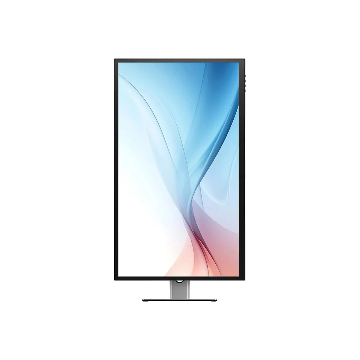 Ein hochkant ausgerichteter Computermonitor mit schmalem schwarzem Rahmen und Standfuß vor weißem Hintergrund.
