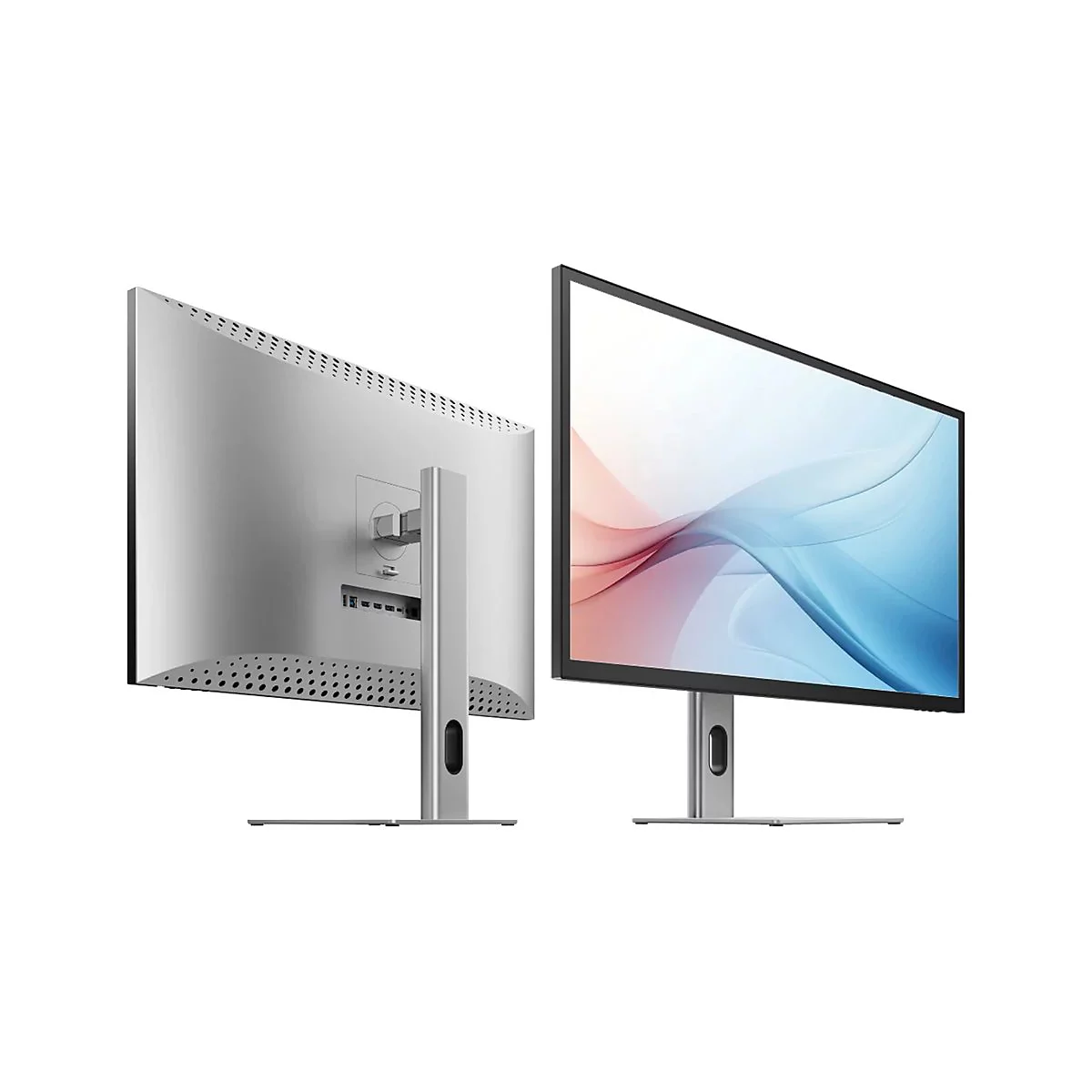 Silberfarbener Monitor von vorne und hinten vor weißem Hintergrund.