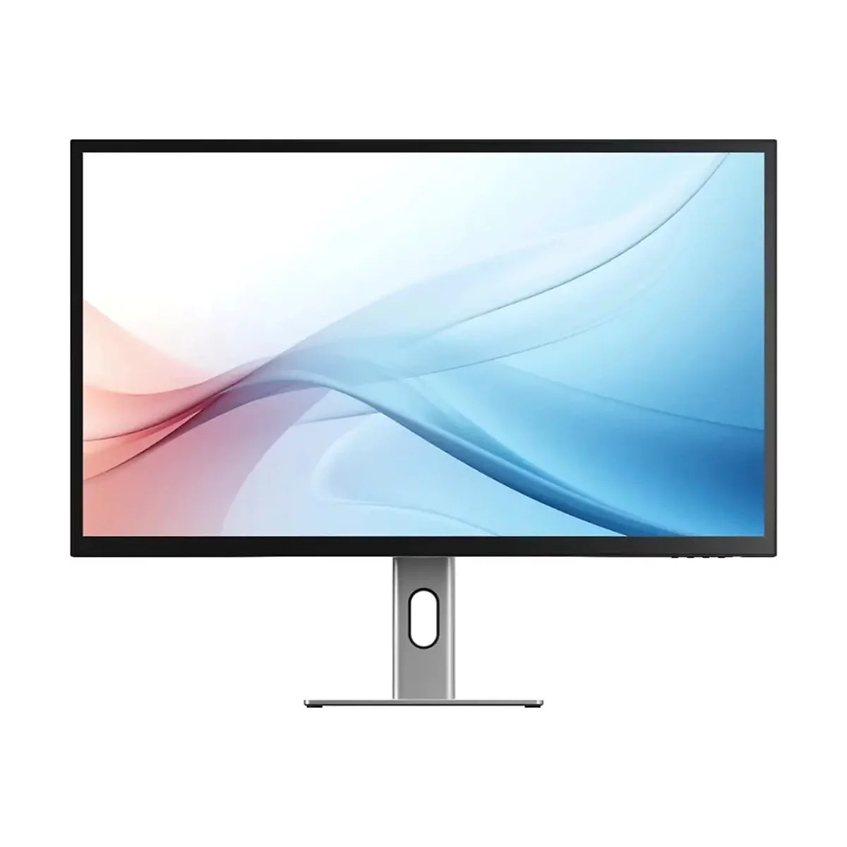 Ein schwarzer Computermonitor mit dünnem Rahmen vor einem weißen Hintergrund.