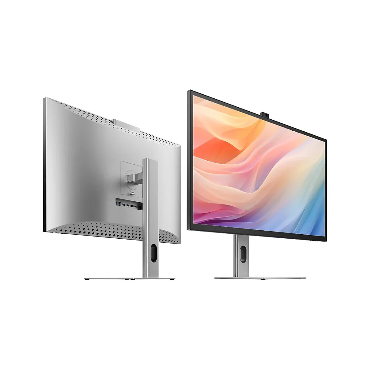 Silberner Monitor mit Standfuß, von vorne und hinten vor weißem Hintergrund gezeigt.