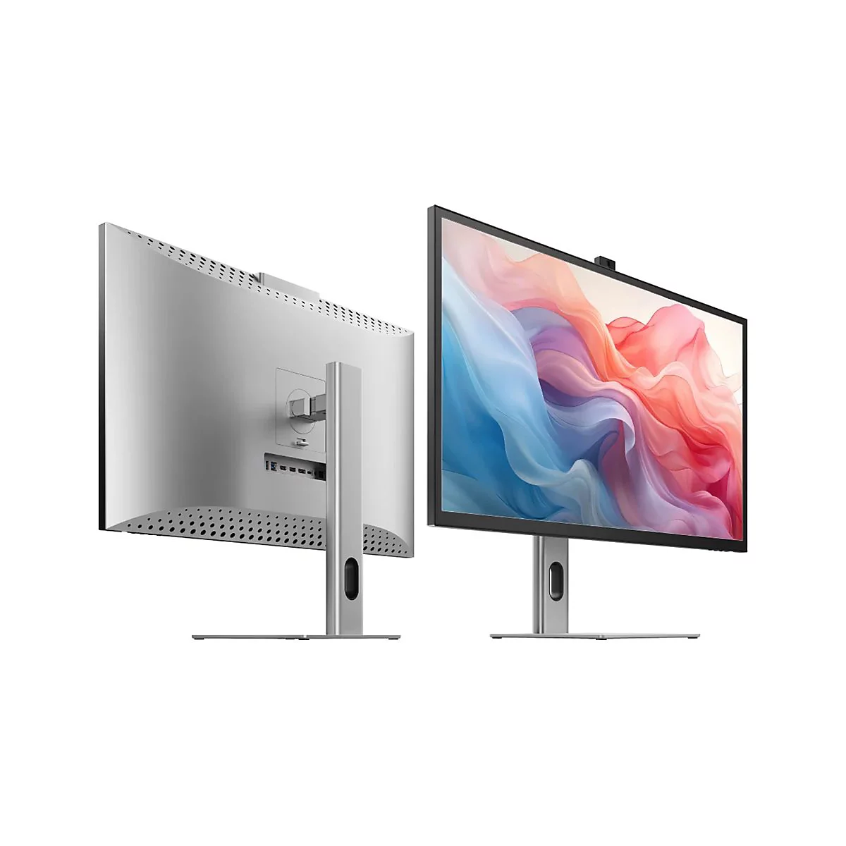 Silberner PC-Monitor mit Standfuß, von vorne und hinten gezeigt, mit abstraktem, buntem Bildschirmhintergrund.