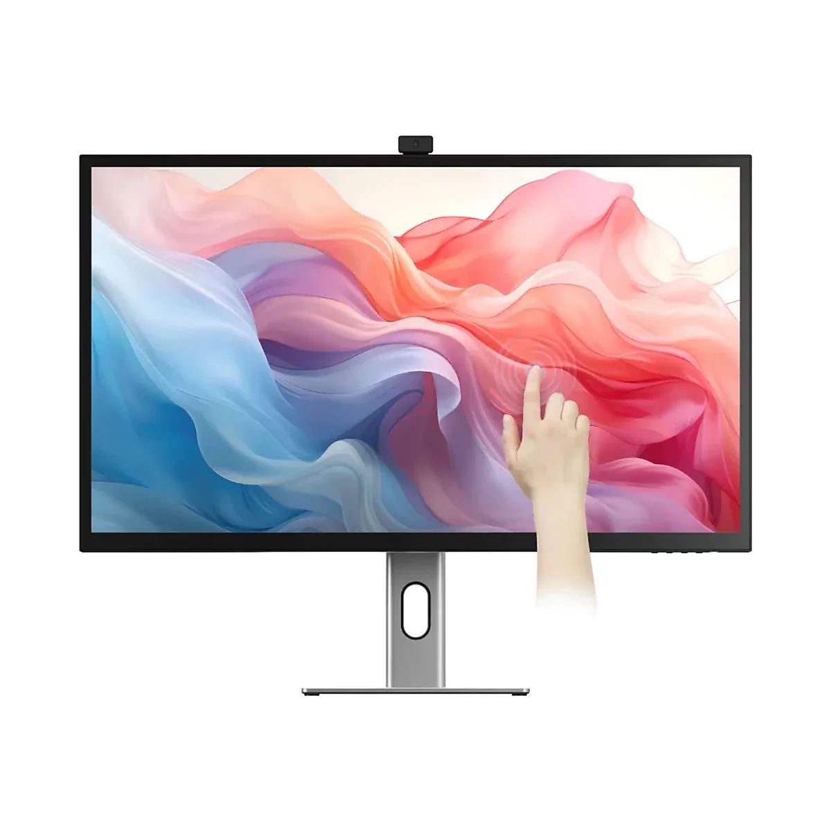 Ein moderner Monitor mit Kamera oben, auf dessen Display ein Finger eine Berührungsinteraktion ausführt.