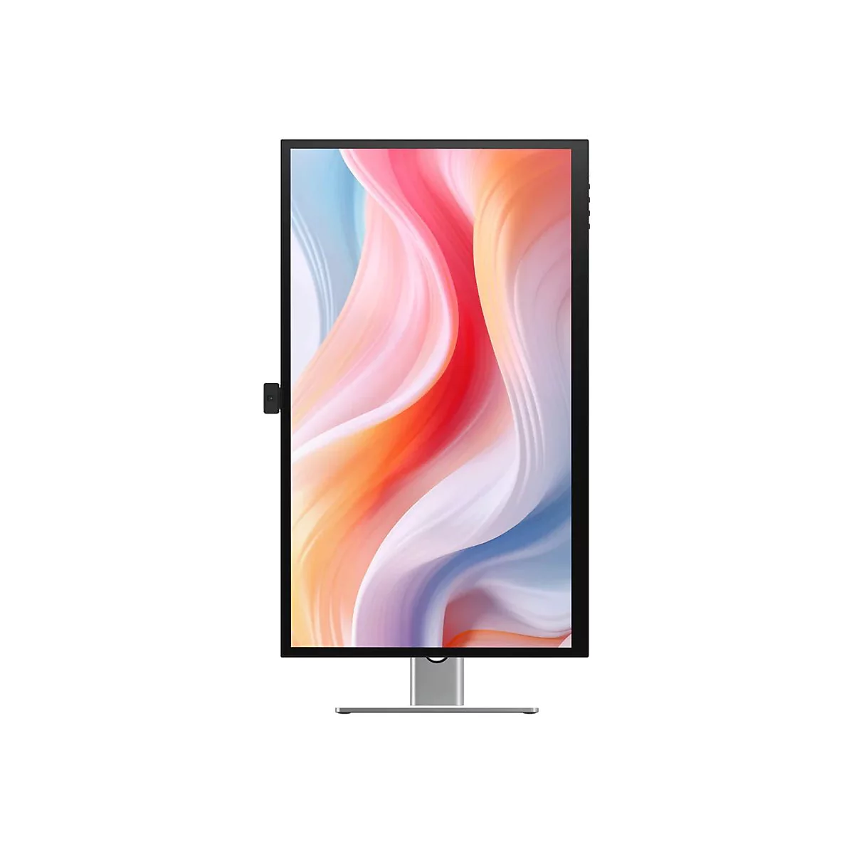 Hochkant aufgestellter Monitor mit abstraktem, bunt gewelltem Hintergrundbild auf einem silbernen Standfuß.