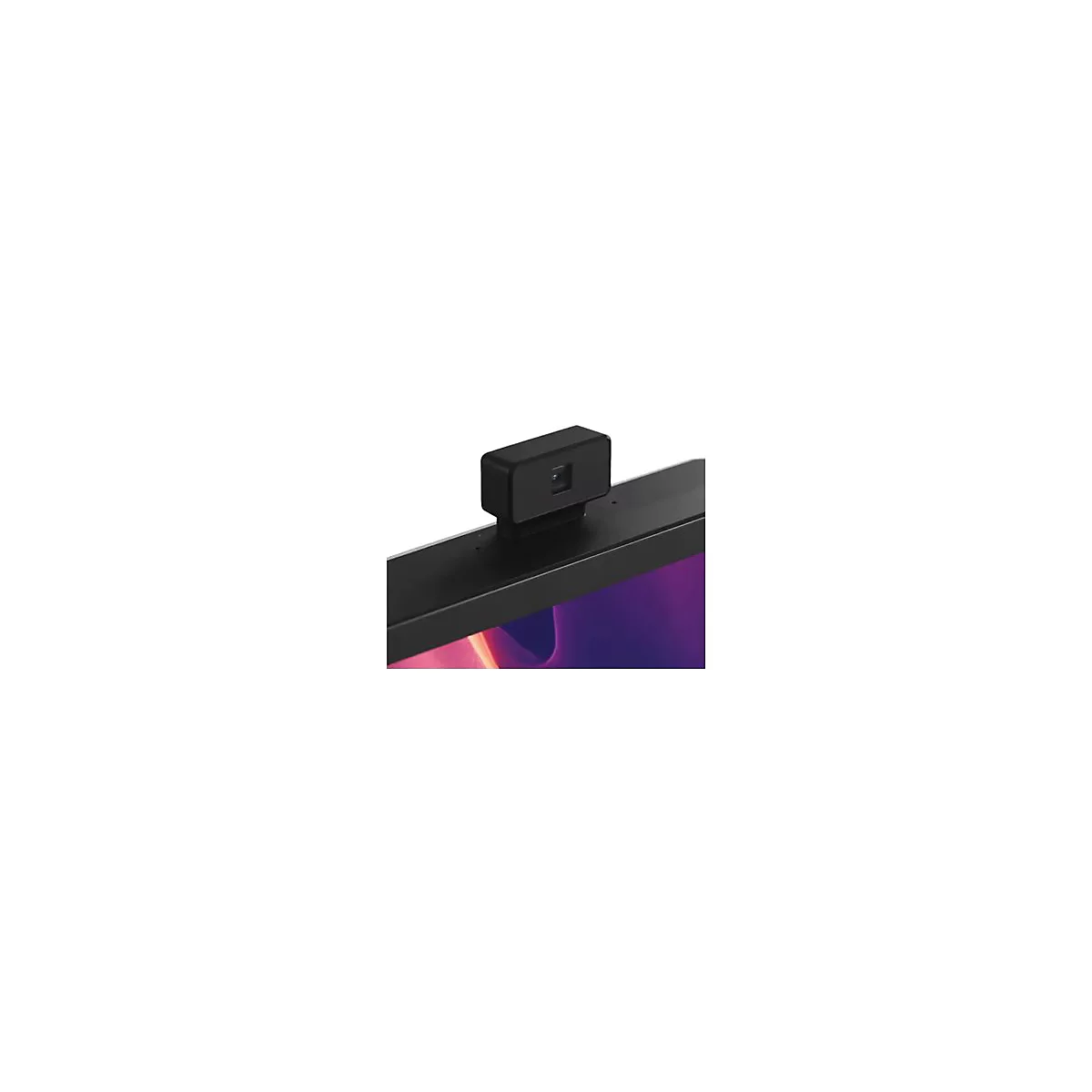 Schwarze Webkamera, die oben auf einem Monitor mit leuchtendem Display montiert ist.