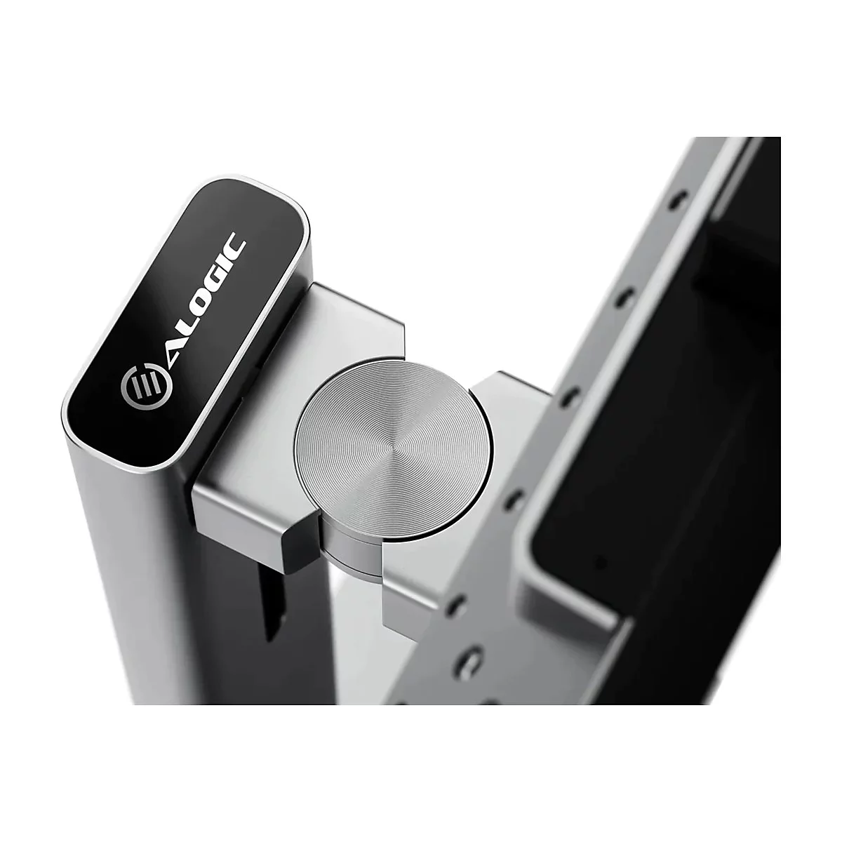 Detailansicht eines silbernen Aluminium-Monitorarms mit Alogic-Logo auf einem schwarzen Kopfstück.