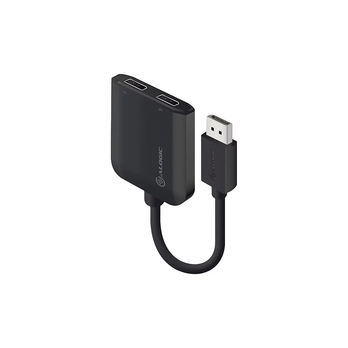 Schwarzer Alogic DisplayPort-Splitter mit kurzem Kabel und zwei DP-Ausgängen.