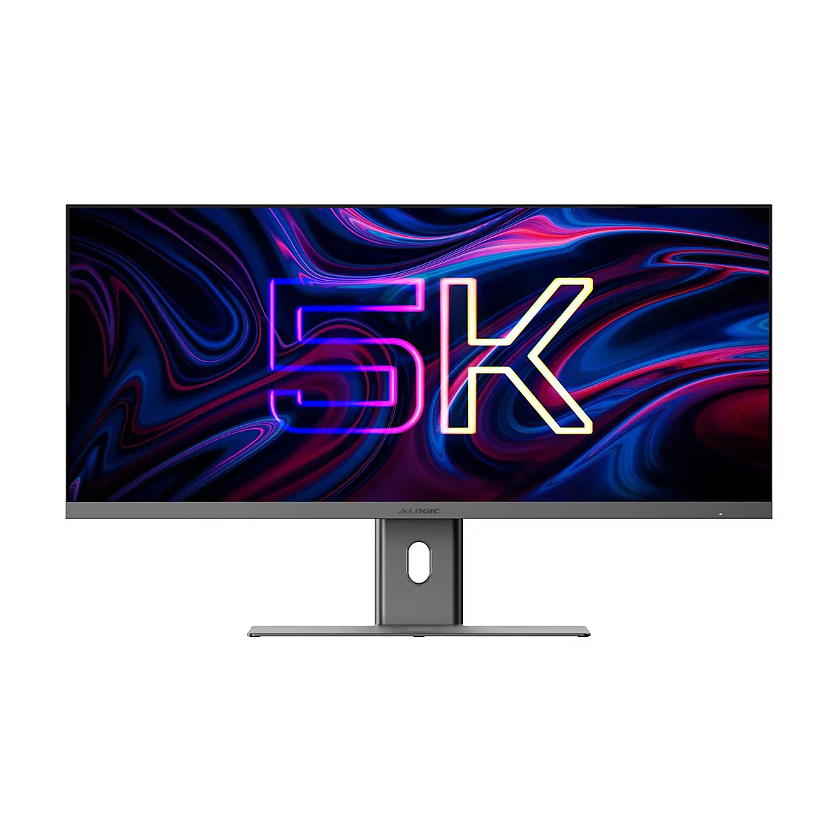 Ein moderner, grauer Alogic-Monitor vor weißem Hintergrund mit leuchtendem 5K-Schriftzug auf dem Display.