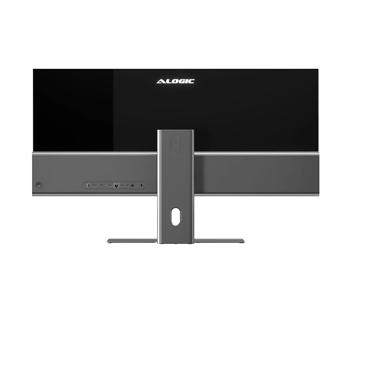 Rückseite eines Alogic-Monitors auf einem Standfuß, mit sichtbaren Anschlüssen und Logo vor weißem Hintergrund.