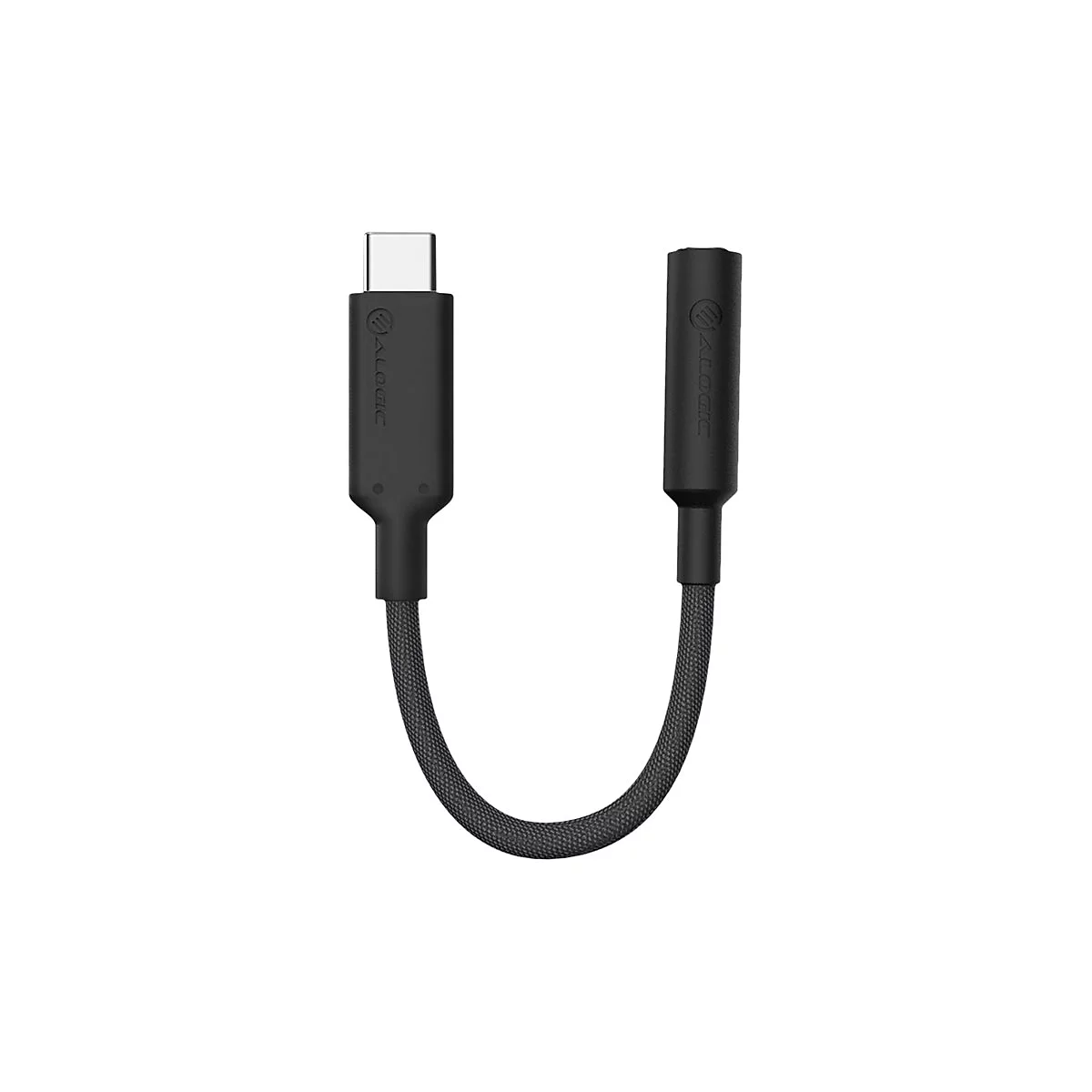 Schwarzer USB-C auf Klinken-Adapter mit geflochtenem Kabel und Alogic-Logo vor weißem Hintergrund.