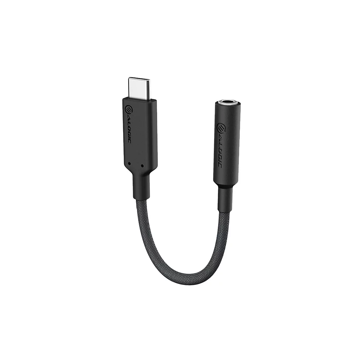 Schwarzer USB-C auf 3,5-mm-Klinkenadapter von Alogic mit geflochtenem Kabel.