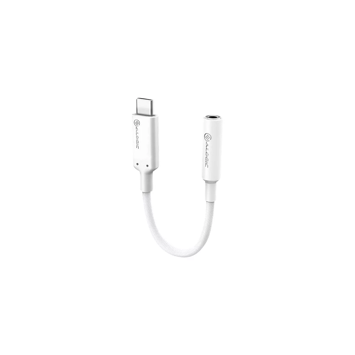 Weißer USB-C-auf-3,5-mm-Klinken-Adapter mit geflochtenem Kabel und Alogic-Logo vor weißem Hintergrund.