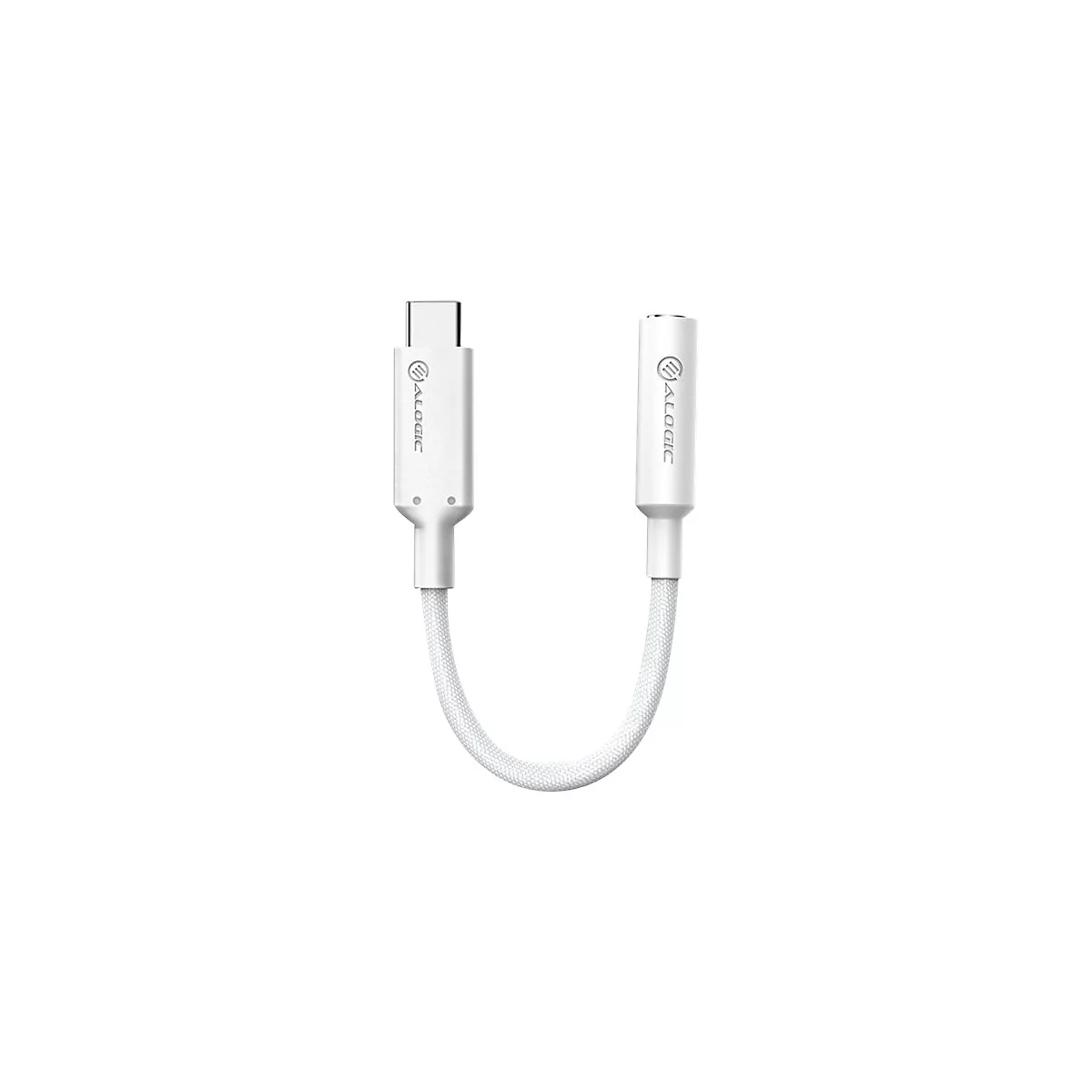 Weißer USB-C-auf-3,5-mm-Klinkenadapter von Alogic mit geflochtenem Kabel.
