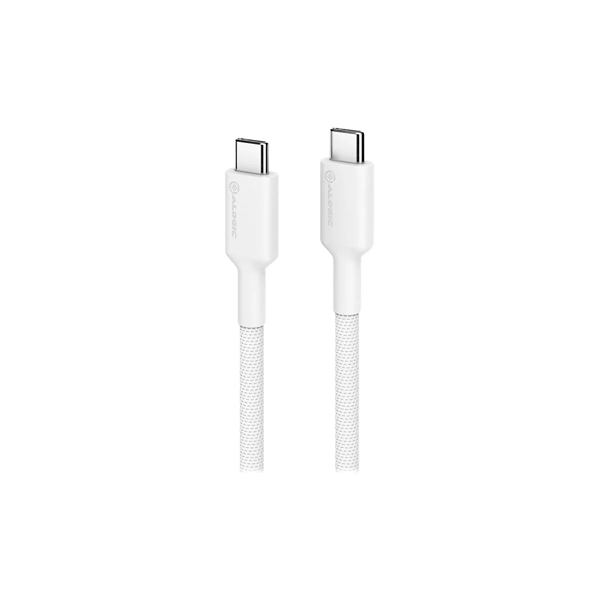 Zwei weiße USB-C Kabel mit Textilummantelung und ALOGIC-Logo vor weißem Hintergrund.