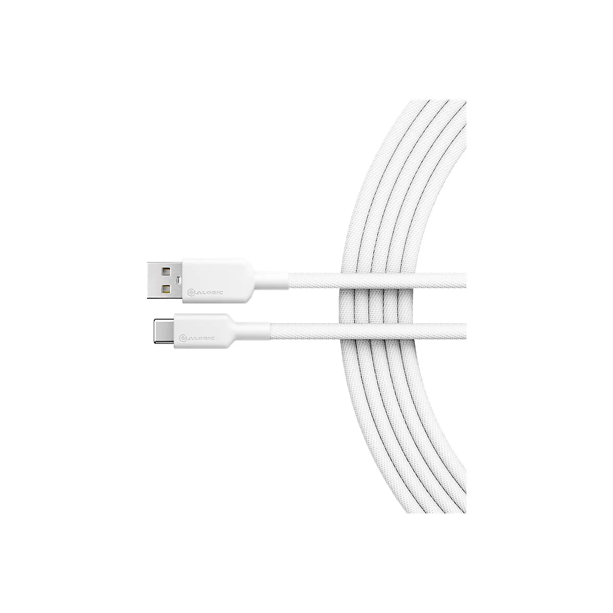 Weißes USB-A auf USB-C Ladekabel mit Textilummantelung und Alogic-Logo auf den Steckern.