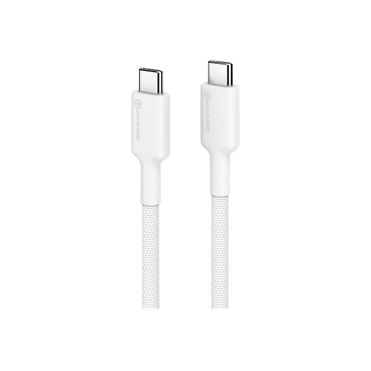Zwei weiße USB-C-Stecker mit Textilummantelung und Alogic-Logo vor weißem Hintergrund.