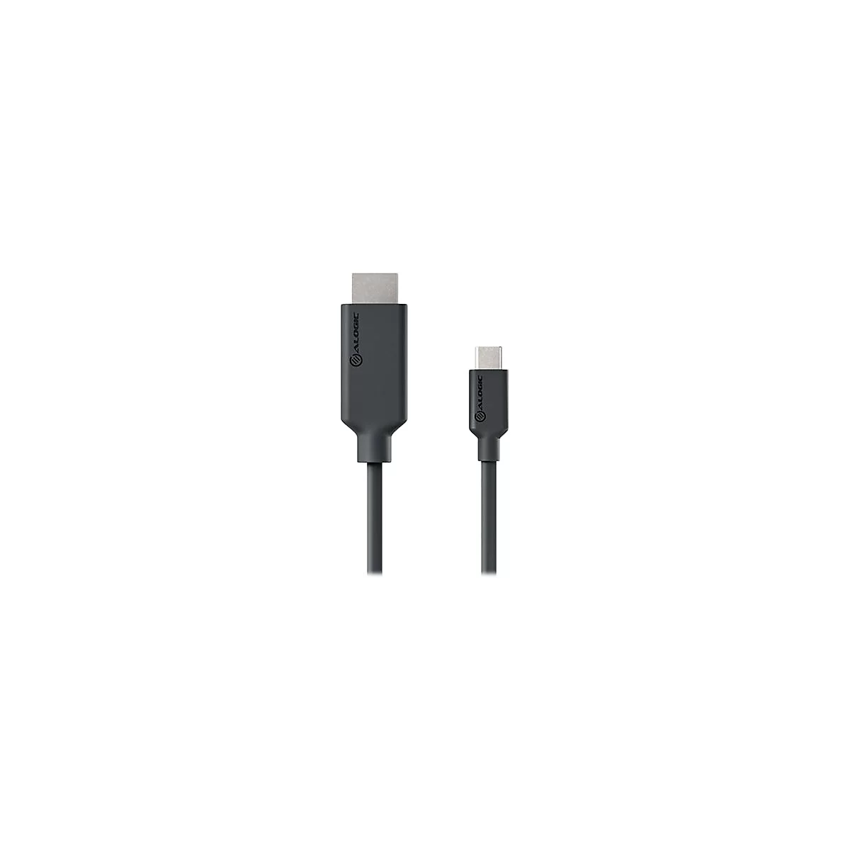 Ein USB-C auf HDMI Adapterkabel von Alogic mit schwarzen Steckern auf weißem Hintergrund.