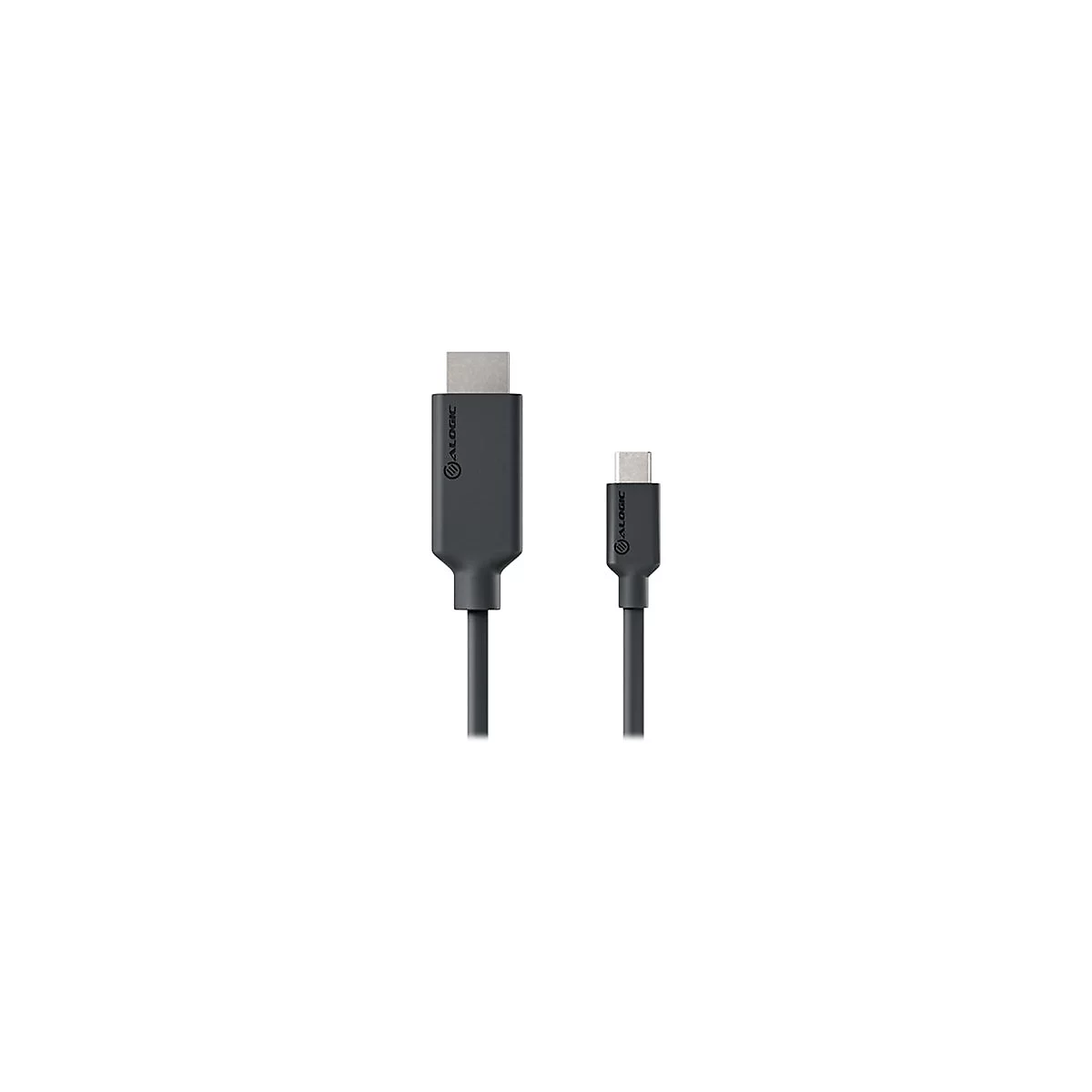 Ein graues HDMI-auf-USB-C-Kabel von Alogic vor weißem Hintergrund.