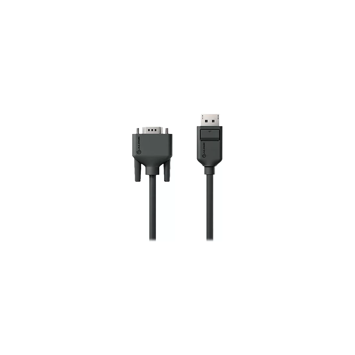 DisplayPort zu VGA Kabel mit Alogic Logo auf beiden Steckern vor weißem Hintergrund.