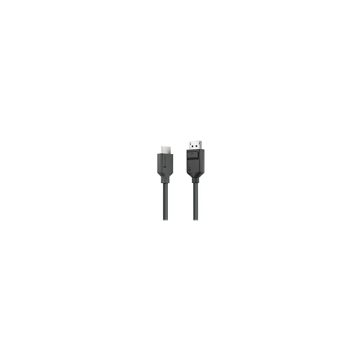 Zwei schwarze Kabelanschlüsse, HDMI und DisplayPort, vor neutralem Hintergrund.