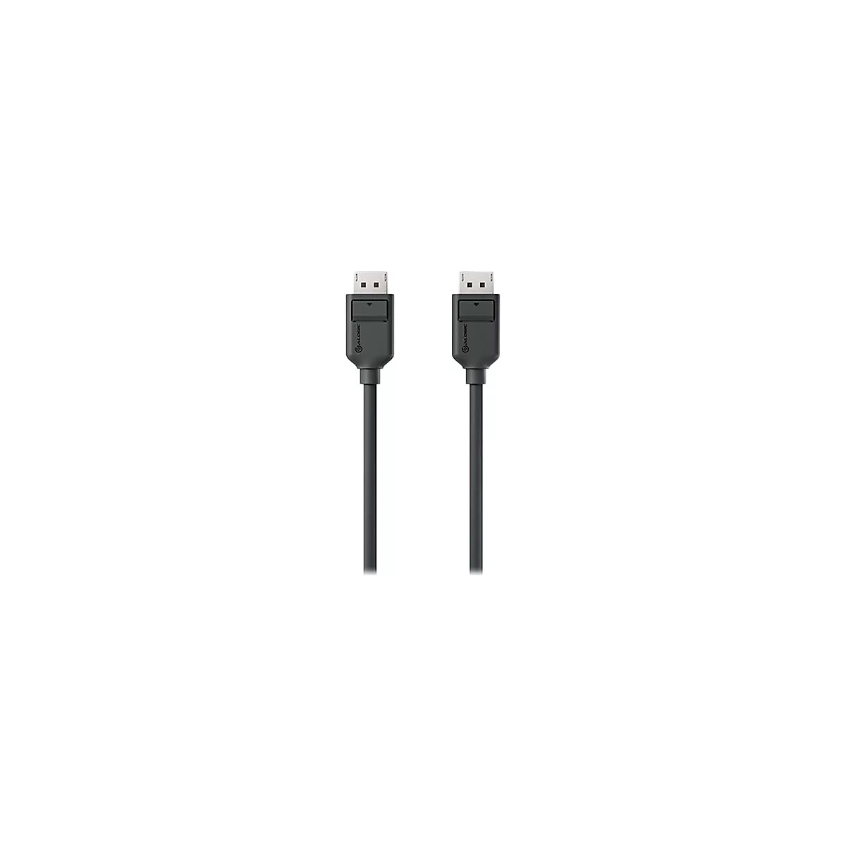 Zwei identische, schwarze DisplayPort-Kabel mit ALOGIC-Logo vor weißem Hintergrund.