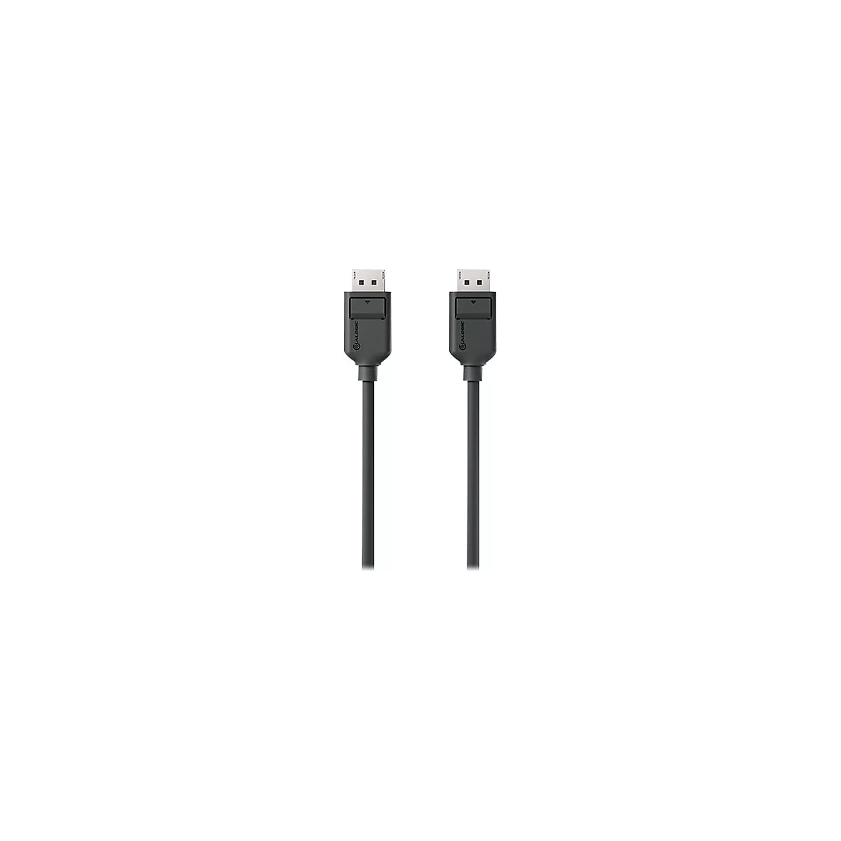 Zwei schwarze DisplayPort-Kabelenden mit Alogic-Logo vor weißem Hintergrund.