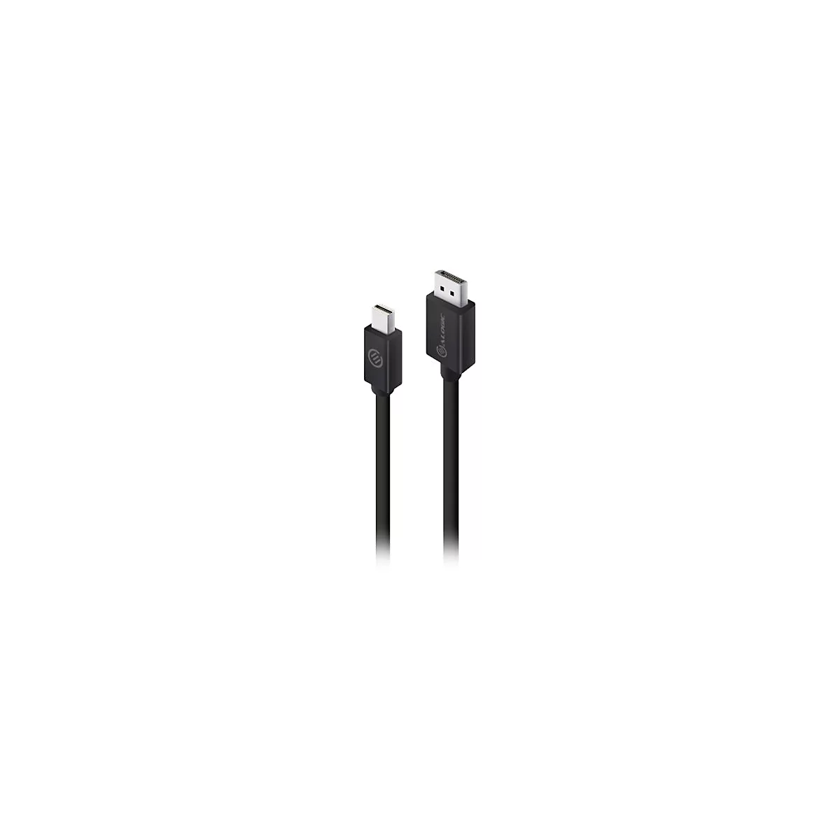 Schwarzes Kabel mit einem USB-C-Stecker links und einem DisplayPort-Stecker rechts vor weißem Hintergrund.