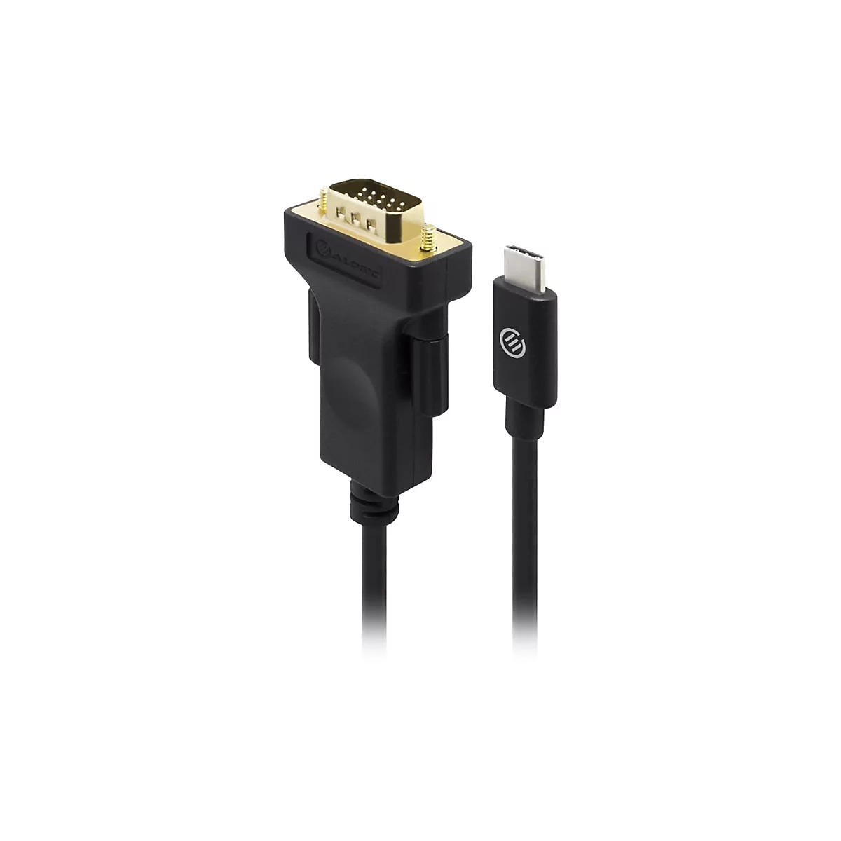 Ein schwarzes USB-C auf VGA-Adapterkabel vor weißem Hintergrund.
