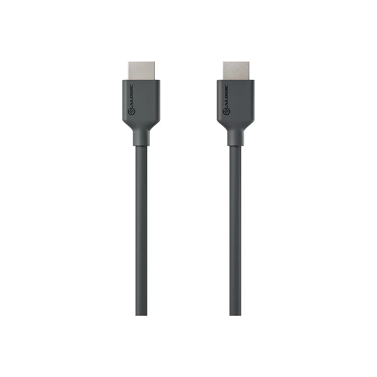 Zwei schwarze HDMI-Kabel mit ALOGIC-Logo auf dem Stecker vor weißem Hintergrund.